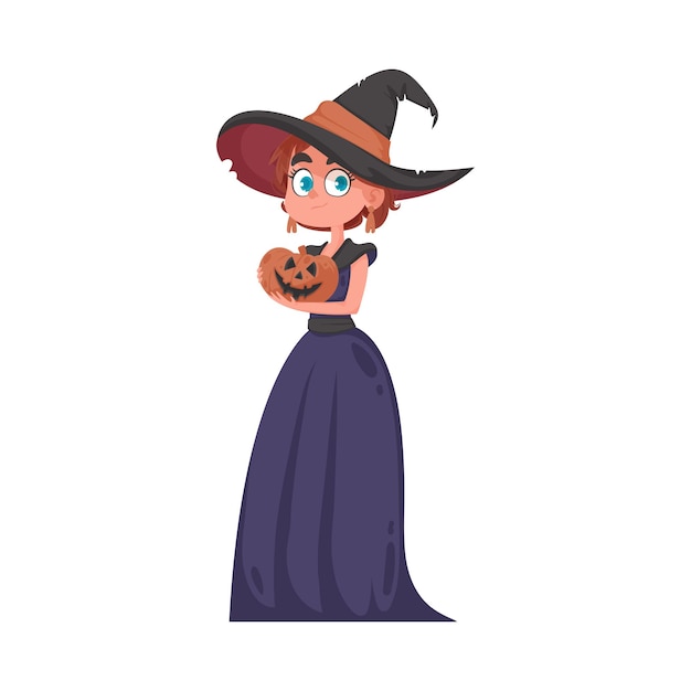 小さな女の子が恐ろしい魔女の格好をしてカボチャを運んでいます。 ハロウィンのテーマは、ハロウィンに関連した楽しくて楽しいことや活動です。