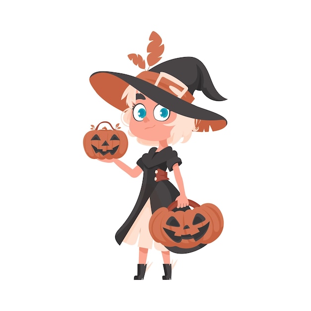 A small girl is dressed as a scary witch and she is holding a pumpkin the halloween theme is about having a good time and doing fun activities related to halloween