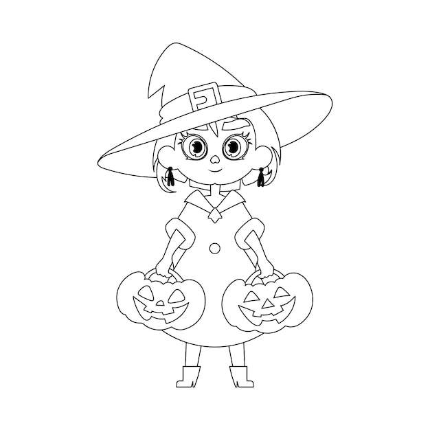 A small girl is dressed as a witch she is very happy and excitedly waiting for Halloween while holding a pumpkinLinear style