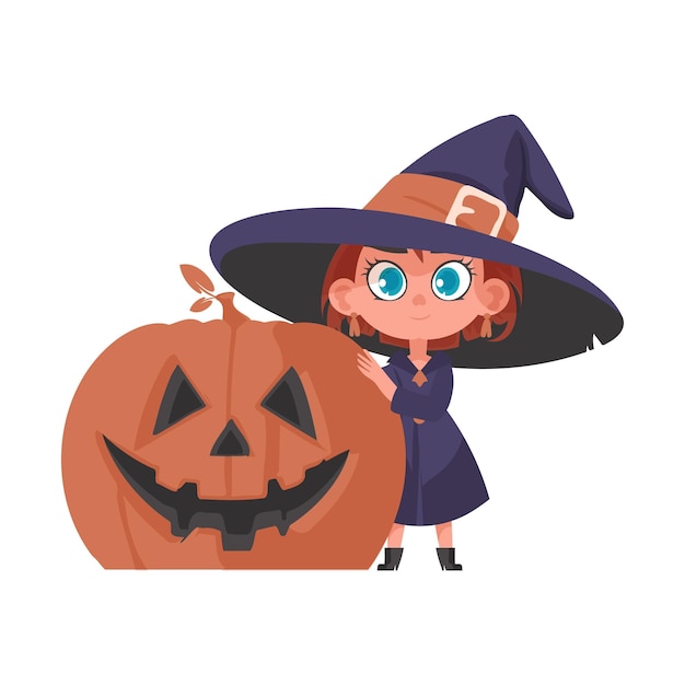 小さな女の子が不気味な魔女の衣装を着て、カボチャを抱えています。ハロウィーンのテーマは、楽しい時間を過ごし、ハロウィーンに関連した楽しいアクティビティを行うことです。