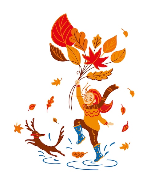 Vector small girl jumping about the puddles with here dog. funny games in the autumn. hello autumn.