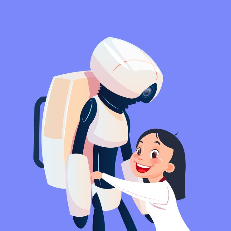 Vector small girl playing with modern robot