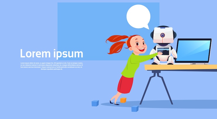 Vector small girl using laptop computer with modern robot