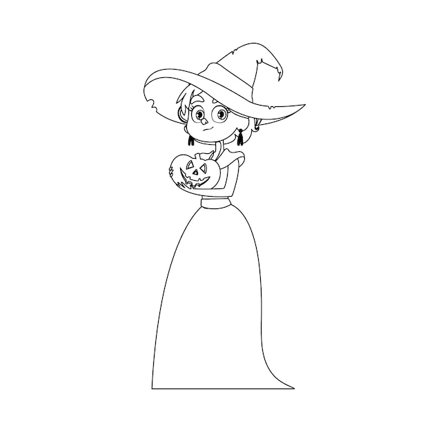 A small girl wearing a witch costume is happily holding a pumpkin and excitedly waiting for HalloweenLinear style