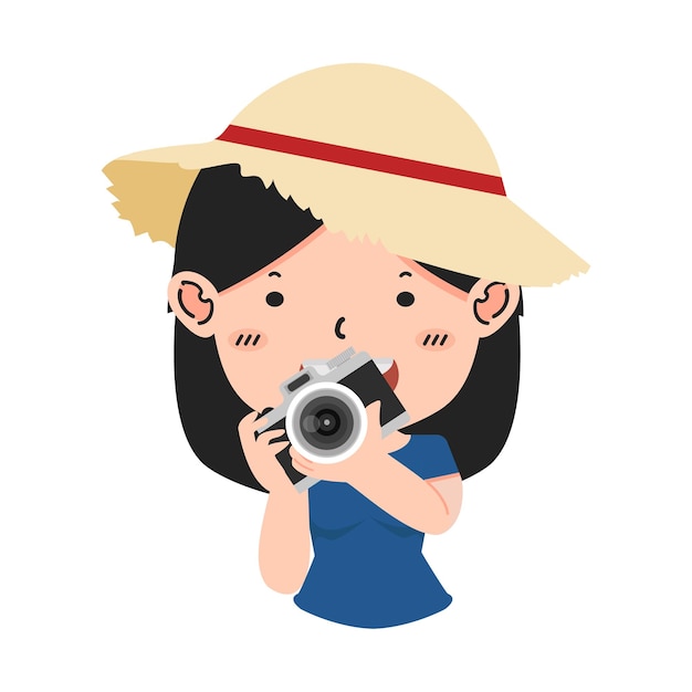 Small girl with camera is taking pictures cartoon