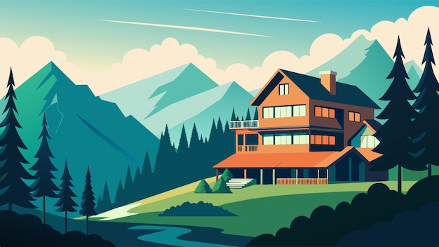 small hotel on nature forest background vector illustration flat 2
