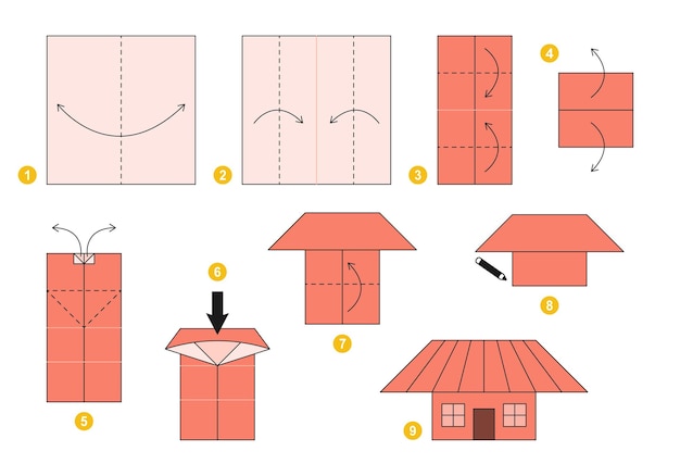 小さな家の折り紙スキームのチュートリアル 動くモデル 子供向けの折り紙 家の作り方を段階的に説明