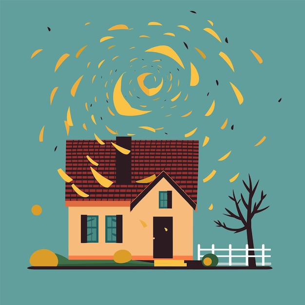 Vector small house with red roof caught in a swirling wind with leaves autumn storm with falling leaves and