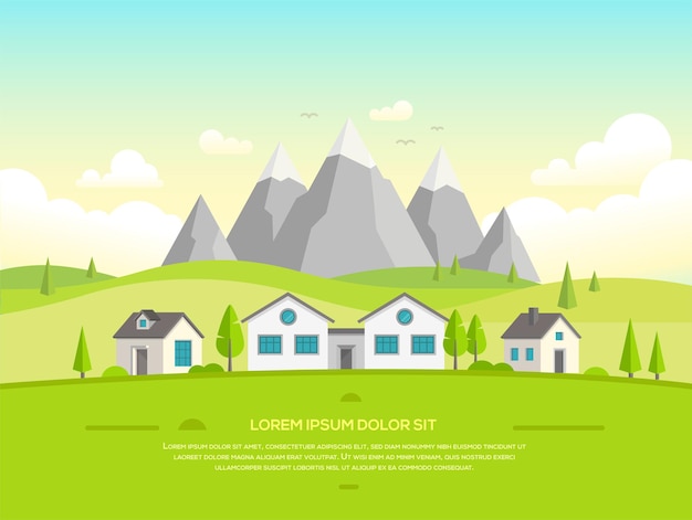 Vector small houses by the mountains - modern vector illustration with place for your text. peaceful landscape with snowy hills, trees, small low storey suburban houses, blue sky with clouds, flying birds