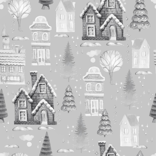 小さな家クリスマス村の休日新年冬の木パターンシームレス水彩手描き