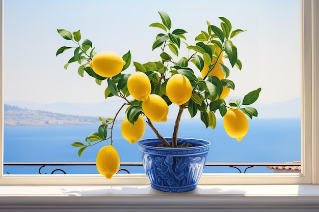 Piccolo albero di limoni con limoni in pentola per la decorazione a casa