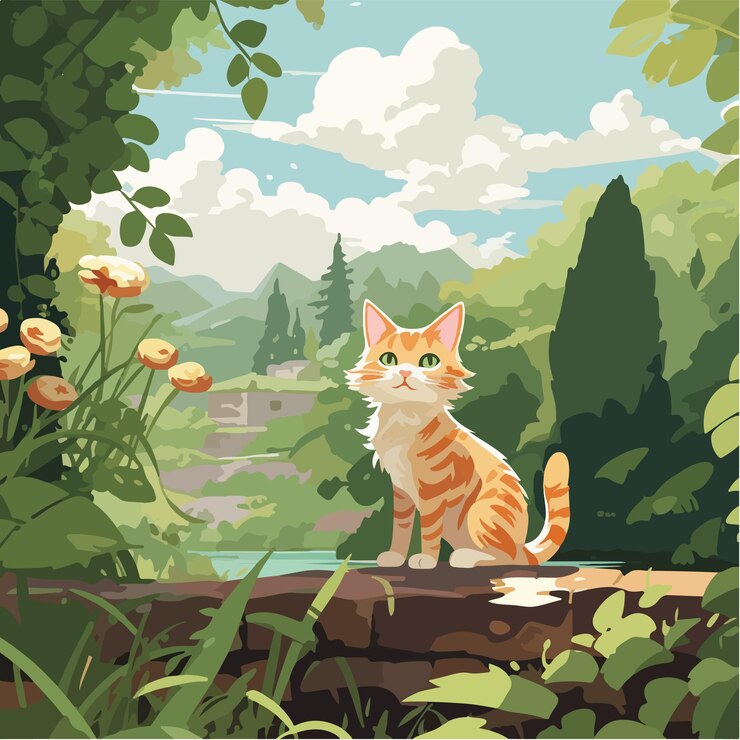 Vector small little kitten on a rock in nature