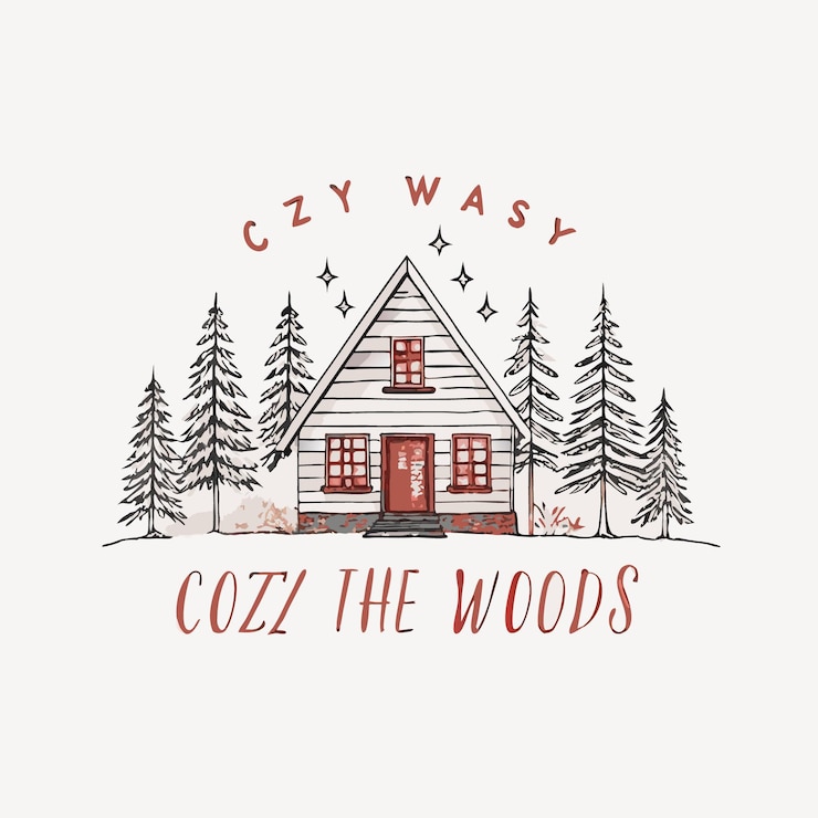 Vector small logo cabin in the middle of the forest surrounded by pine trees rough lines with minimalist details give an old and authentic look