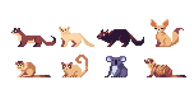 Vector small madagascar animals pixel art set. weasel, marten, ferret collection. lemur, koala, meerkat.