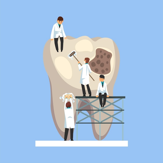 Small Male Doctors Treating Caries Hole on Giant Unhealthy Tooth Vector Illustration on Light Blue Background