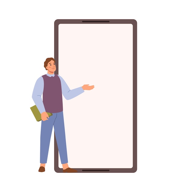 Small man with smartphone presentation display