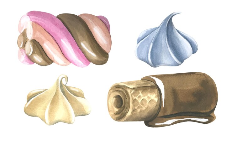 Vector small meringues waffle tube in chocolate and marshmallows watercolor illustration isolated objects