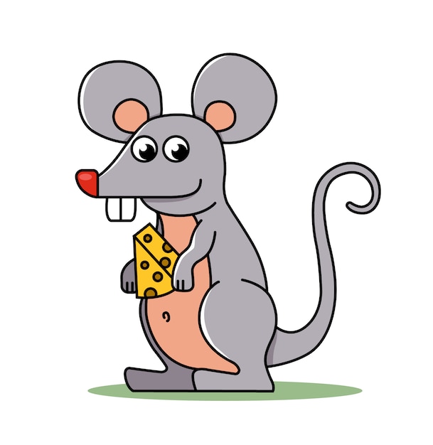 A small mouse holds in its paws a piece of cheese.