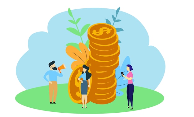 Vector small people working with golden coins. financial growth concept. business investment