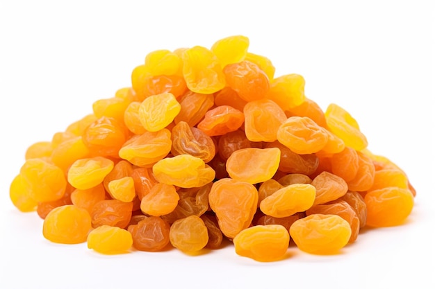 Small pile of dried apricots isolated on the white background yellow sultanas raisins isolated