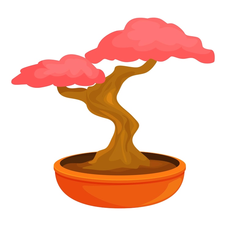 Vector small pink bonsai tree growing in a pot