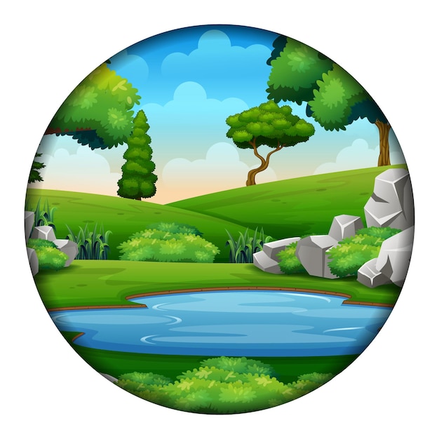 A small pond in nature on a round frame