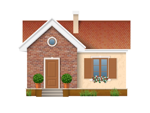 Vector small residential house with brick wall and roof of red tiles.