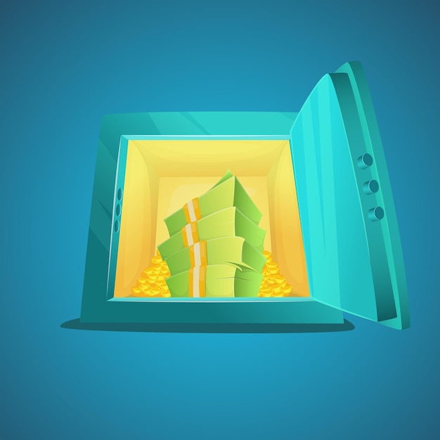 Small safe Cartoon style illustration of opened bank safe with money and coins inside Vector