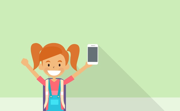 Small School Girl Holding Smart Cell Phone Copy Space