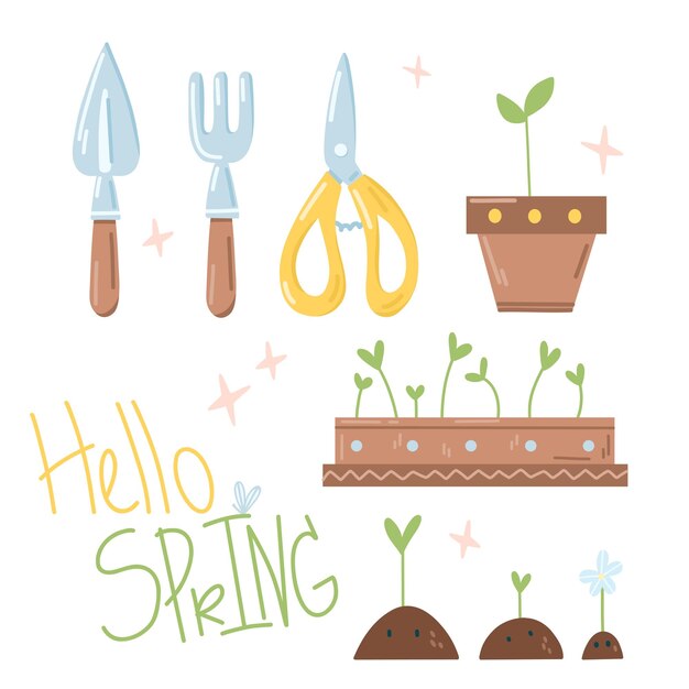 Small set of garden supplies in delicate colors, lettering hello spring. Shovel, chopper, houseplant