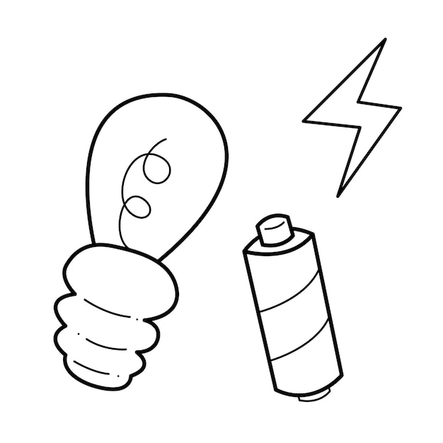 Un piccolo set di batterie per lampadine a incandescenza e un segno di fulmine doodle vettore bianco e nero