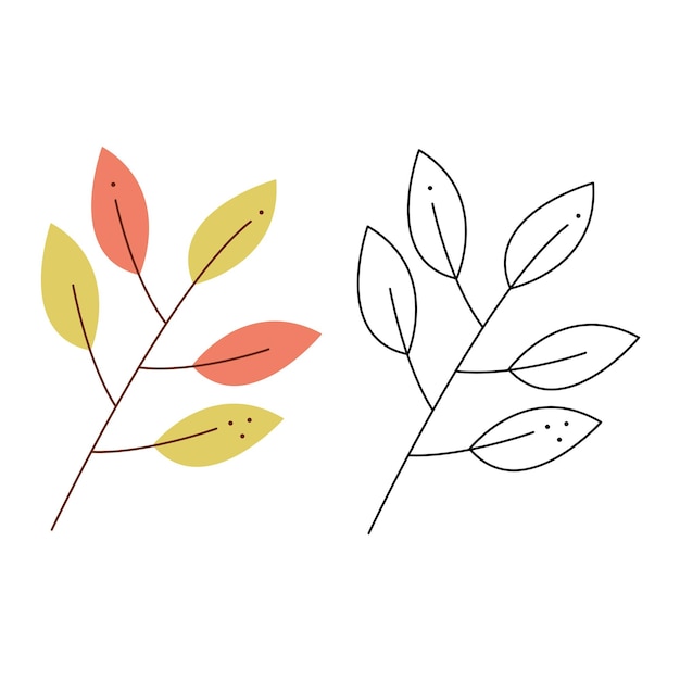 A small set with an abstract branch with leaves Black and white and color clipart illustration