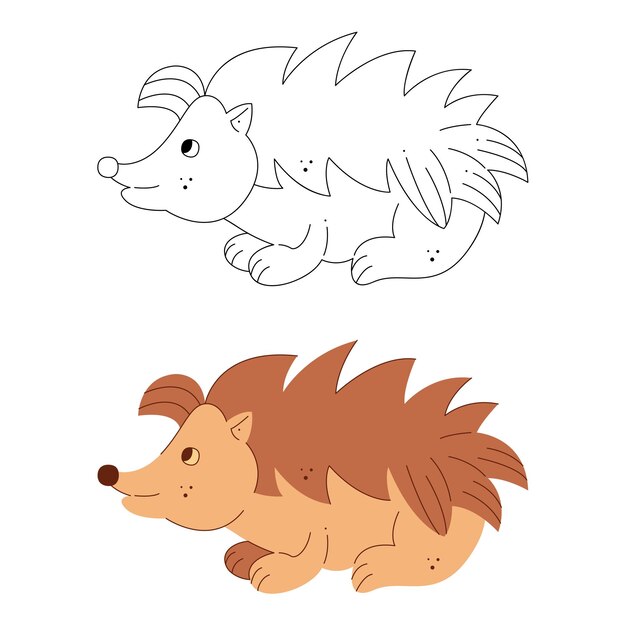 A small set with hedgehogs Black and white and color clipart vector illustration