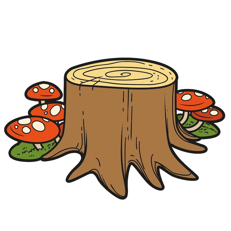 Vector small stump with mushrooms fly agaric and moss color variation for coloring page isolated on white background