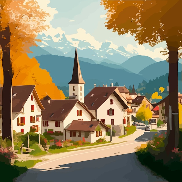 スイスの小さな田舎の景色の町のイラスト