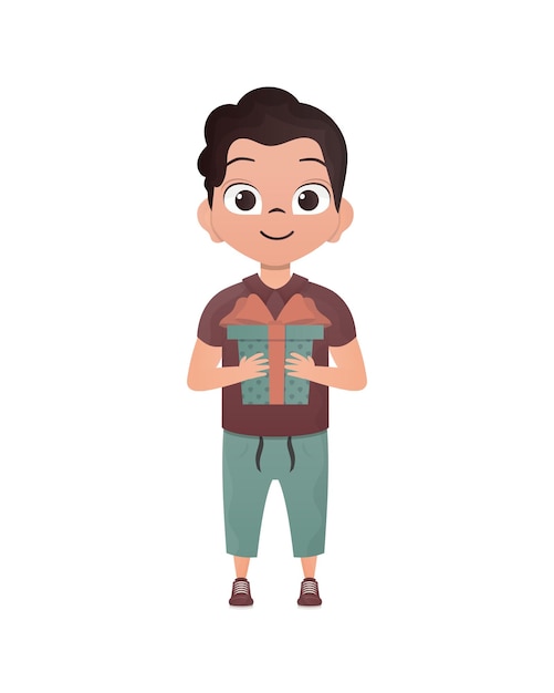 Vector a small teenage boy is depicted in full growth and holds a box with a bow in his hands birthday new year or holidays theme cartoon style isolated