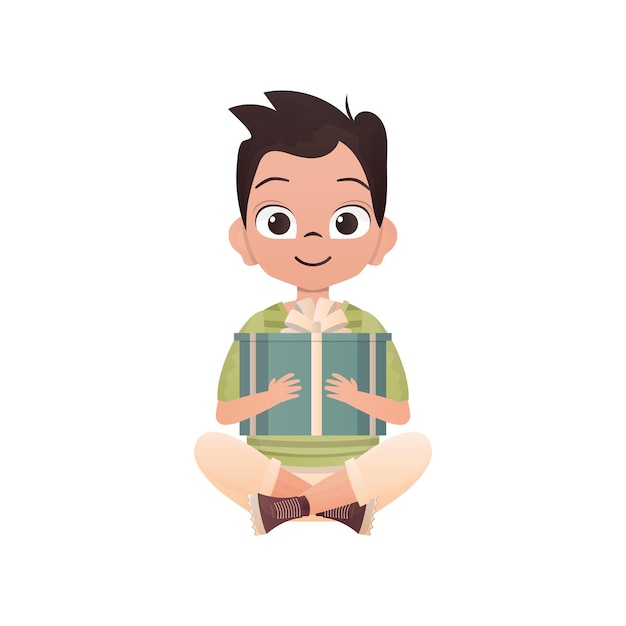 A small teenage boy sits in a lotus position and holds a gift in his hands Birthday New Year or holidays theme Cartoon style isolated