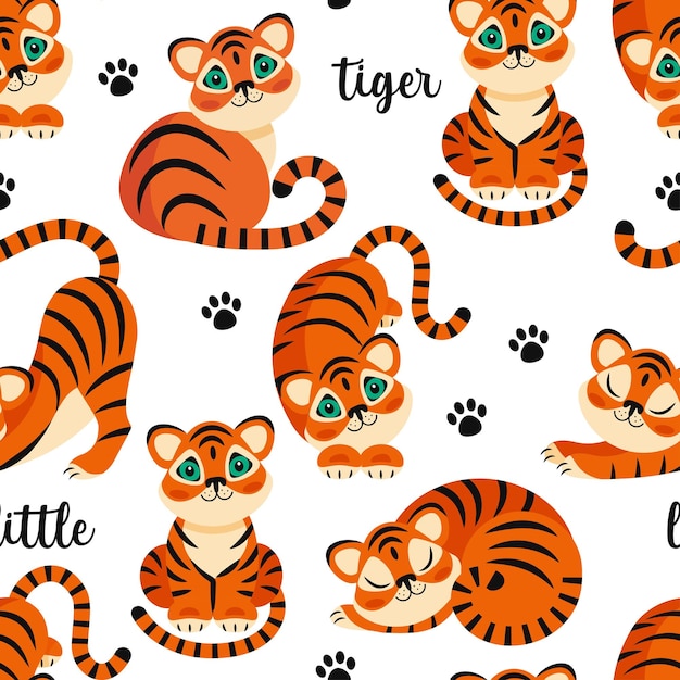 Small tigers make up a seamless pattern