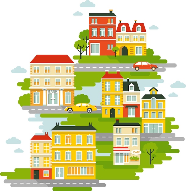 Vector small town urban landscape background in flat style