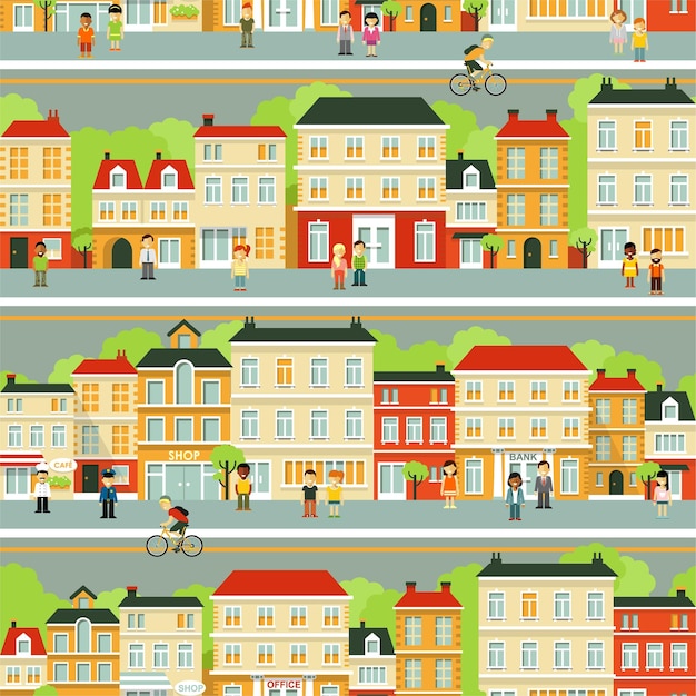 Vector small town urban landscape seamless background with people in flat style