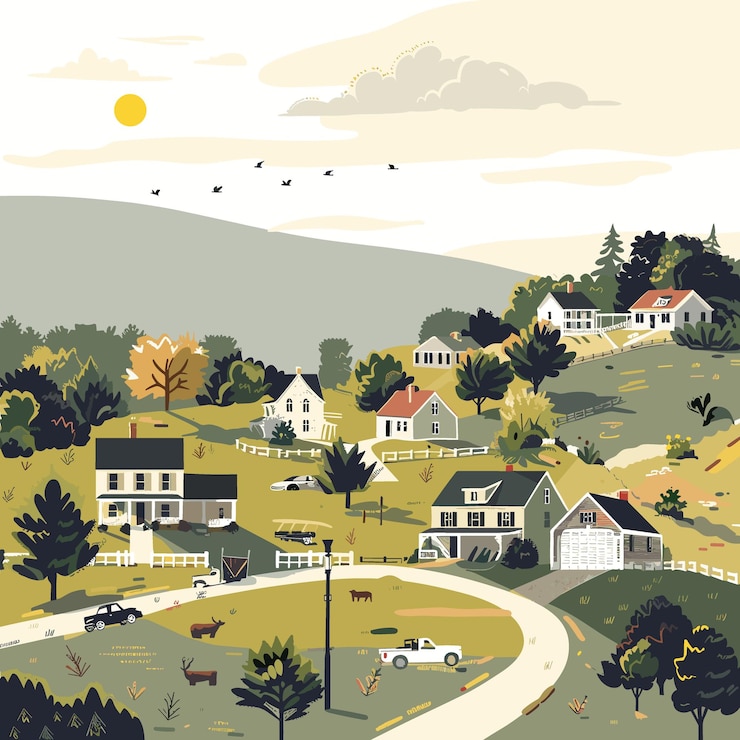 A small town Virginia with houses and a road