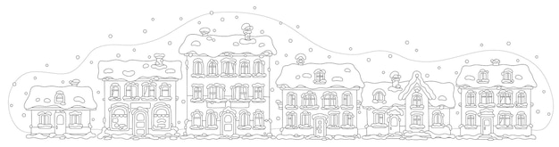 Vector small toy houses covered with snow on a cold and snowy winter day in a pretty town