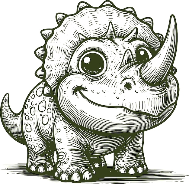 Vector small triceratops standing on its paws in vector monochrome drawing