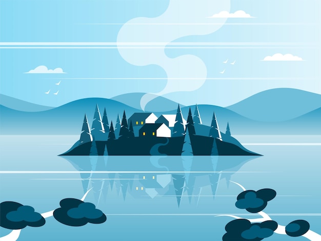 Vector small village on the island in the middle of the lake vector illustration