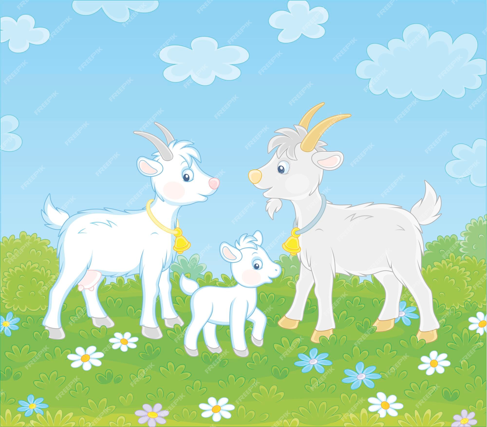 Premium Vector | Small white kid with a nanny goat and a grey hegoat walking on green grass Premium Vector | Small white kid with a nanny goat and a grey hegoat walking on green grass