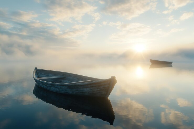 Vector a small wooden boat with its shadow reflected on the calm water surface of an endless lake at dawn t