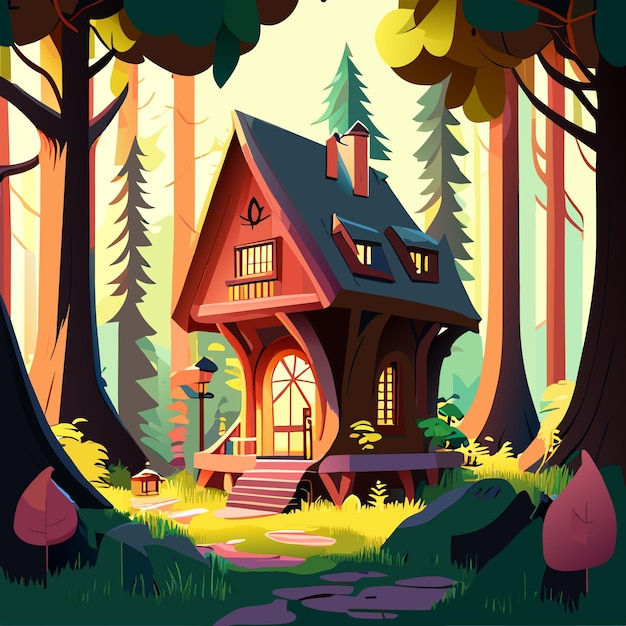 Vector small wooden house in a fairy tale forest