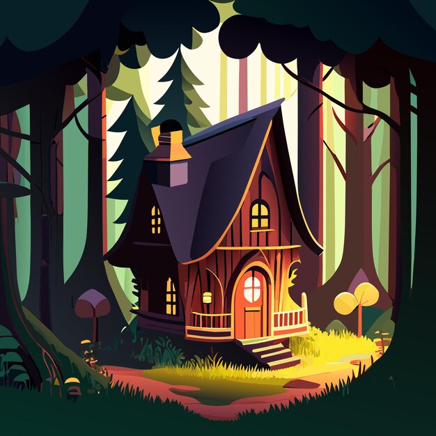 Vector small wooden house in a fairy tale forest