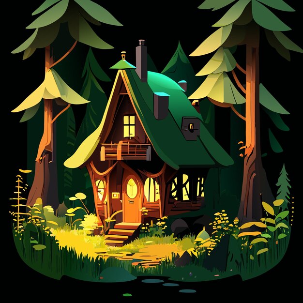 Vector small wooden house in a fairy tale forest