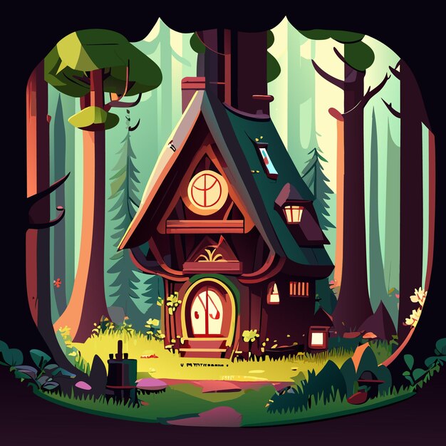 Vector small wooden house in a fairy tale forest